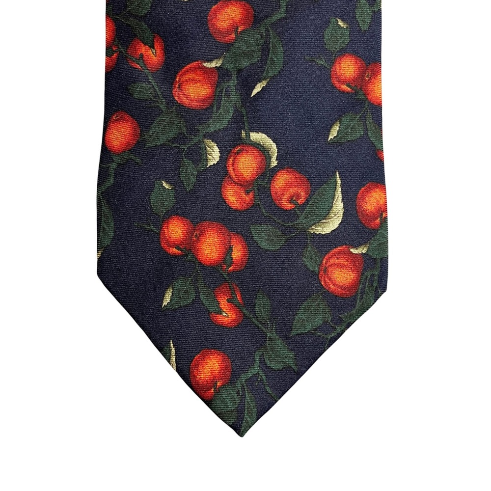 Structure Mens Silk Tie Navy Blue Red Apple Fruit Print Italian Fabric Vintage
